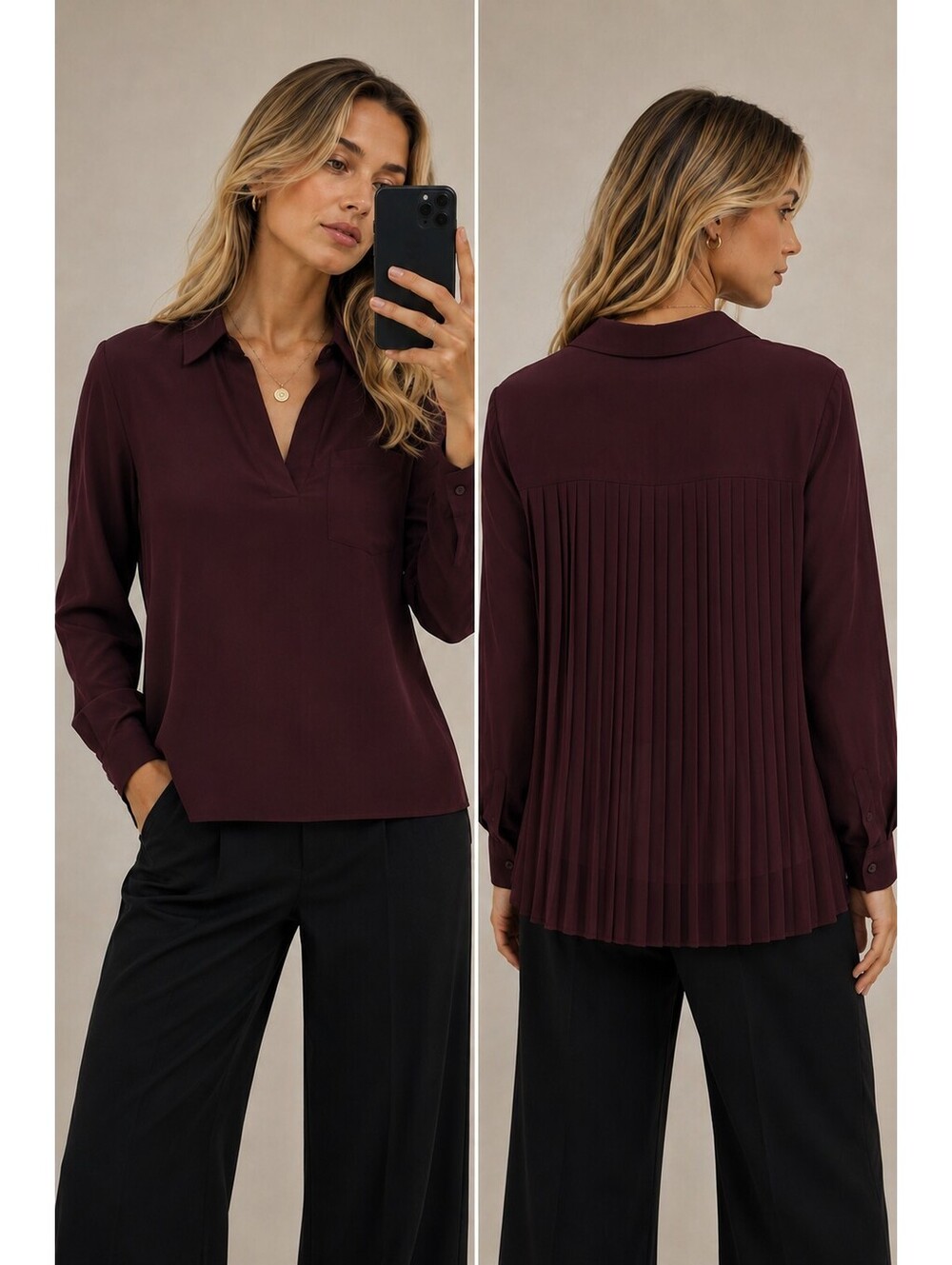 Stefanel Women's Burgundy Long Sleeve Pleated Back Blouse Size 2